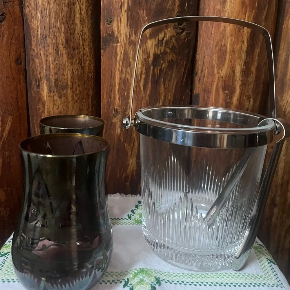 ✨Vintage Mid Century Glass Ice Bucket w/Tongs | Ribbed Barware ✨